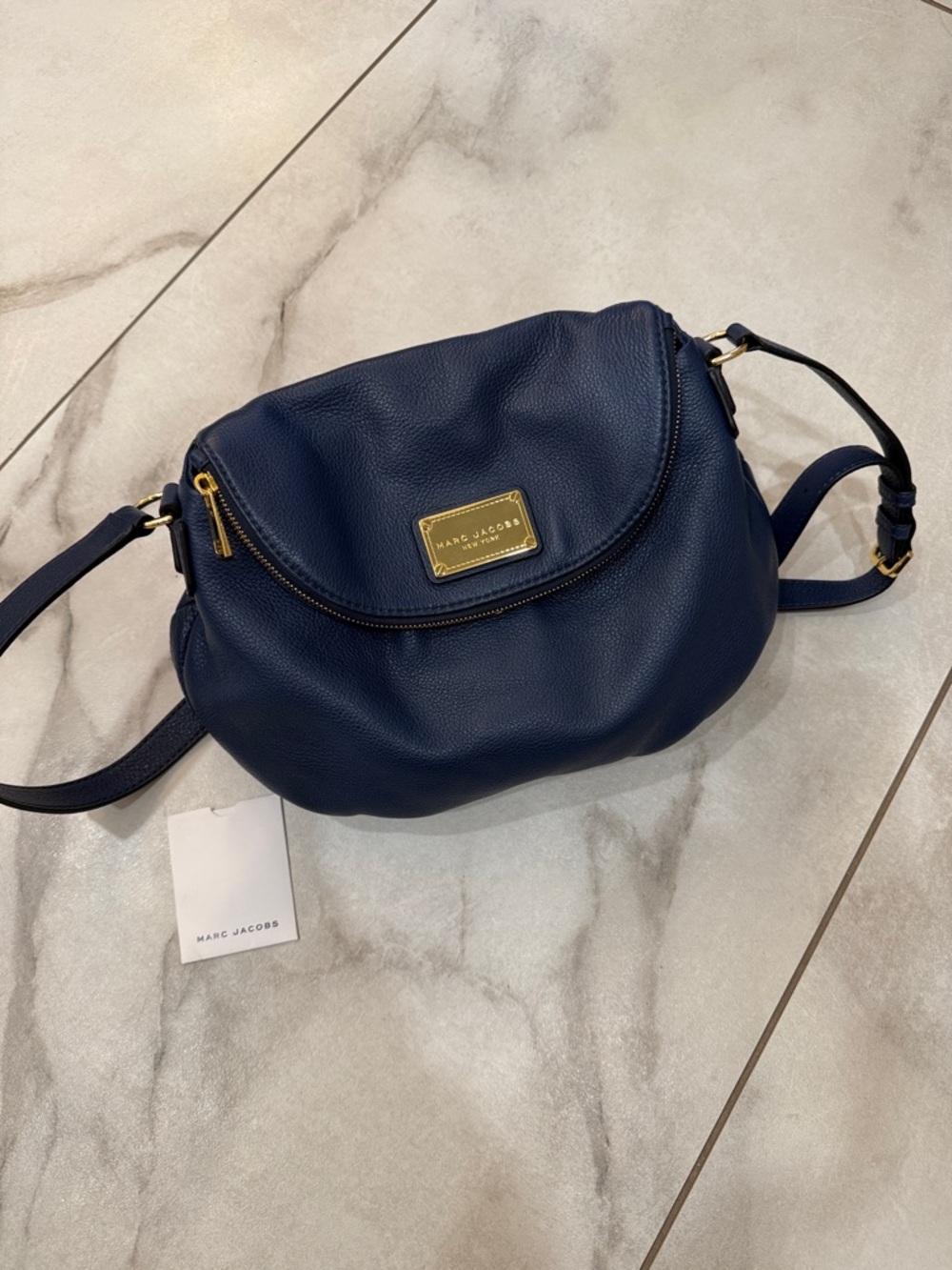 Marc Jacobs Navy Pebbled Leather Crossbody with Gold Plaque